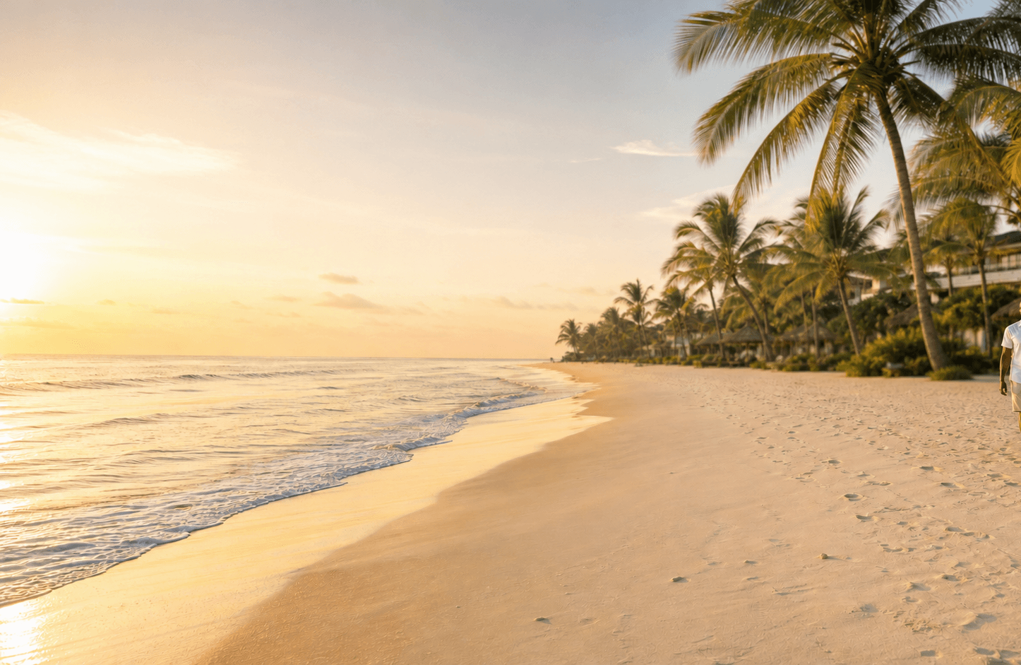 A couple walking along Atican Beach Resort at golden hour